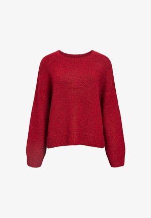 Roter gestrickter Pullover mit lockerer Passform, rundem Ausschnitt und fallenden Schultern. Hat eine weiche Textur sowie gerippte Säume und Bündchen.