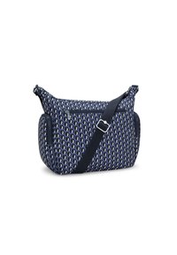 Borsa blu navy con motivo geometrico, tessuto strutturato, tasche con zip e una larga tracolla regolabile per una facile trasportabilità.
