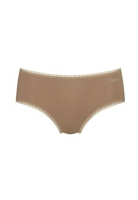 Cuecas hipster femininas de tom castanho claro, com um delicado acabamento em renda e um pequeno logótipo na anca direita, apresentadas sobre um fundo branco.
