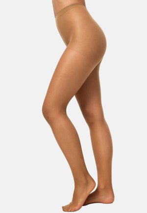 Läpinäkyvät beige nilkkasukat, joissa on sileä pinta, pitkä pituus ja leveä vyötäröresori, suunniteltu peittämään jalat varpaista vyötärölle.