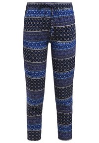 Marinblå mönstrade byxor med blå, vita och gråa motiv i geometriska former och blommönster. Tillverkade av mjukt tyg med resår i midjan.