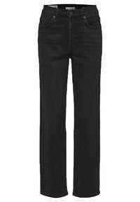 Svarta denimjeans med rak benform, fem fickor och knappstängning. Slät textur och klassisk, mångsidig stil.