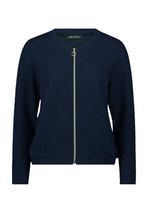 Navy blue knit cardigan with a textured pattern, front zip closure, and two pockets. Features a round neckline and long sleeves.