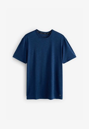 Navy blue short-sleeve T-shirt made from textured fabric, featuring a crew neck and subtle horizontal stripes. Small logo on the hem.
