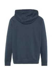 Marineblauer Kapuzenpullover mit langen Ärmeln, gefertigt aus einem weichen Baumwollmischgewebe, mit gerippten Bündchen und Saum. Rückansicht zeigt keine Details auf der Vorderseite.