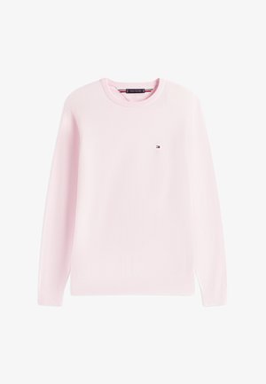 Világos rózsaszín környakú pulóver, puha pamutkeverékből, hosszú ujjakkal és egy kis logóval a mellkason. Sima textúra és klasszikus szabás.