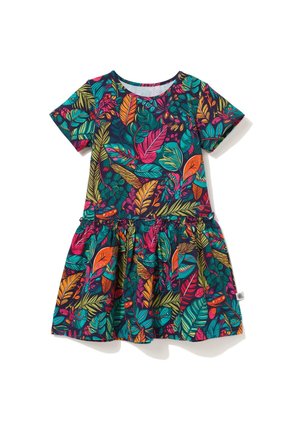 Sukienka z krótkim rękawem z marszczoną talią w żywym tropikalnym wzorze liści z kolorami turkusowym, pomarańczowym, różowym i zielonym na ciemnym tle.