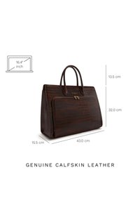 Brown genuine calfskin leather bag with a structured design, featuring a zippered front pocket, dual handles, and embossed texture. Dimensions: 43 x 32 x 15.5 cm.