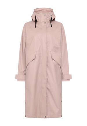 Langer, hellrosa Regenmantel mit Kapuze, schwarzen verstellbaren Kordeln, Klappentaschen und Druckknopfverschlüssen entlang der Vorderseite und an den Manschetten.