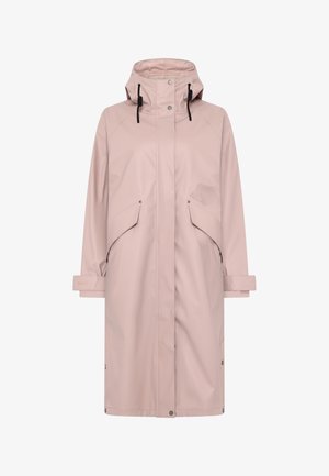 Langer, hellrosa Regenmantel mit Kapuze, schwarzen verstellbaren Kordeln, Klappentaschen und Druckknopfverschlüssen entlang der Vorderseite und an den Manschetten.