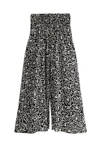 Pantalons larges noir et blanc avec un motif abstrait en forme de labyrinthe et une taille élastique froncée.