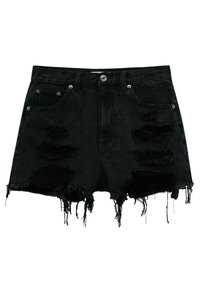 Pantalones cortos de mezclilla negra con cintura alta, detalles desgastados, dobladillo deshilachado y múltiples desgarros en la parte delantera para un aspecto rugged.