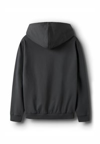 Donkergrijze sweatshirt met een capuchon, elastische manchetten en zoom, met een gladde textuur en een minimale uitstraling zonder zichtbare logo's of patronen.