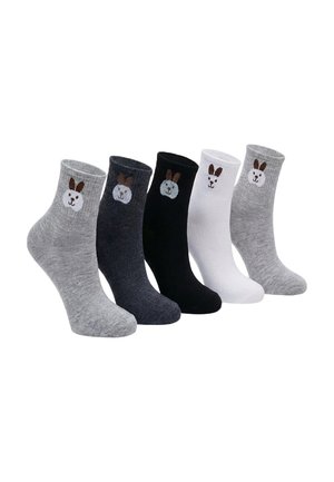 Fünf Paar Knöchelsocken in Grau, Dunkelgrau, Schwarz, Weiß und Hellgrau, jeweils mit einem kleinen Hasengesicht-Design nahe dem oberen Rand.