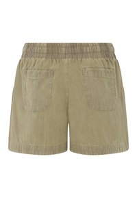Pantaloni corti verdi in cotone con vita elastica, dotati di due tasche posteriori e una texture morbida. L'orlo è leggermente arrotolato.