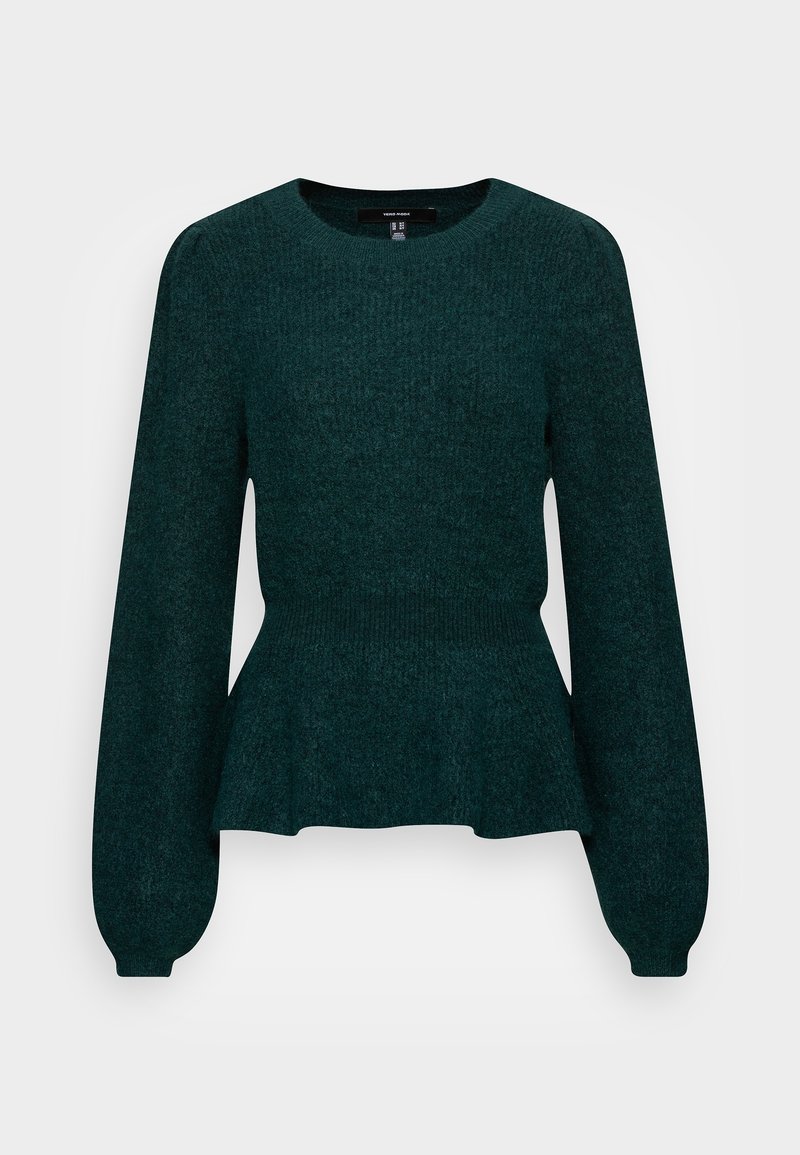 Haut en maille vert foncé à manches longues avec encolure ronde, taille cintrée et légère basque sur un fond uni.