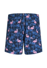 Navyblauwe zwembroek met roze flamingopatroon en blauwe palmboomprints, voorzien van een elastische tailleband en een achterzak aan de rechterzijde.