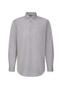 Camicia a maniche lunghe grigia con un motivo geometrico. Dotata di colletto classico e un taschino sul petto. Tessuto dalla consistenza liscia.