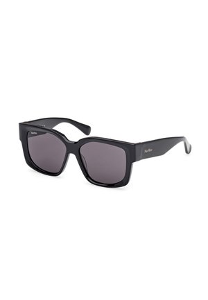 Black square sunglasses with thick plastic frame and dark lenses. Features minimal detailing on the temples. Classic, bold design.