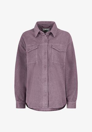 Lilac corduroy shirt jacket with a button-up front, two chest pockets, pointed collar, and long sleeves. Textured fabric with a relaxed fit.