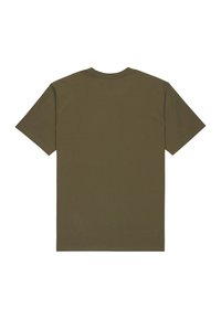 Plain olive green short-sleeve T-shirt shown from the back with a crew neckline on a white background.