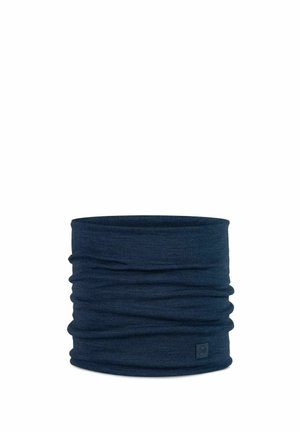 Marineblauer Halswärmer aus weichem, dehnbarem Material mit einer zerknitterten Textur und einem kleinen Logosticker an der Seite.