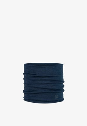 Marineblauer Halswärmer aus weichem, dehnbarem Material mit einer zerknitterten Textur und einem kleinen Logosticker an der Seite.