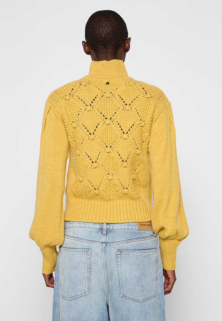 Maglione giallo lavorato a maglia con un motivo a diamante testurizzato sulla schiena, colletto alto e maniche a sbuffo. Indossato con jeans blu.