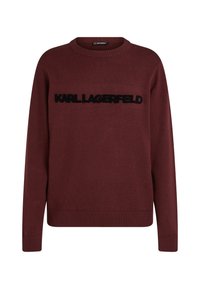 Maglione borgogna, collo rotondo, polsini e fondo a costine, presenta il logo "KARL LAGERFELD" in maglia nera sul davanti. Texture morbida.
