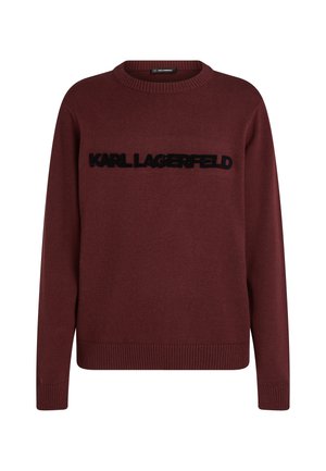 Bordeaux sweater, rund hals, ribbede manchetter og kant, med "KARL LAGERFELD" logo i sort strik på forsiden. Blød tekstur.