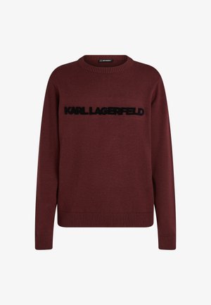 Bordeaux trui, ronde hals, geribbelde mouwen en zoom, met het 'KARL LAGERFELD' logo in zwarte brei over de voorkant. Zachte textuur.