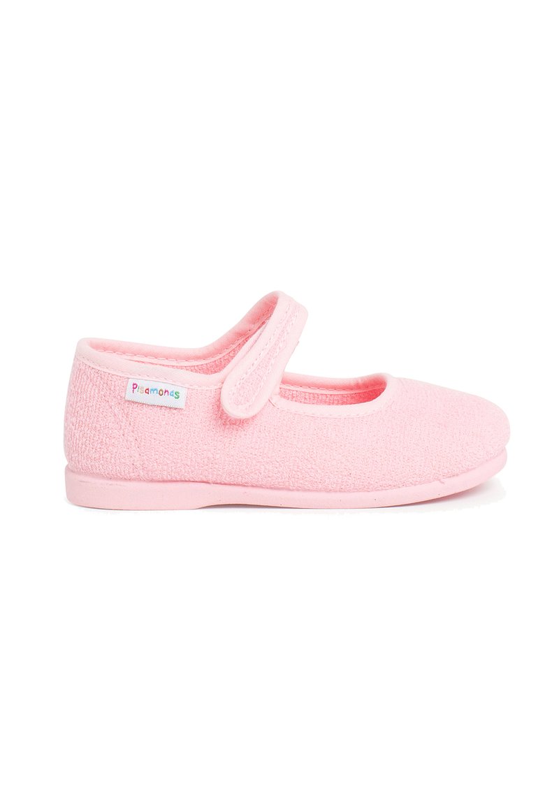 Zapatillas de casa infantiles en color rosa, hechas de un tejido texturizado, con una cinta de Velcro, puntera redondeada y suela de goma blanda.