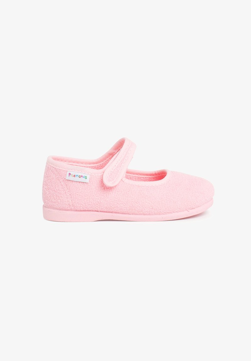Zapatillas de casa infantiles en color rosa, hechas de un tejido texturizado, con una cinta de Velcro, puntera redondeada y suela de goma blanda.