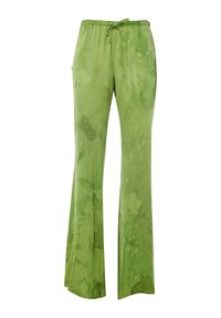 Pantaloni verdi fluido con vita regolabile, realizzati in un materiale morbido. Presentano un delicato motivo tie-dye in diverse tonalità di verde.