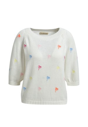 White knit short-sleeve sweater with ribbed edges and small embroidered palm tree motifs in pastel colors all over.
