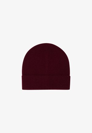 Gebreide beanie in donker bordeaux, met een zachte textuur, ronde top en een geribde omranding voor een snugge pasvorm.