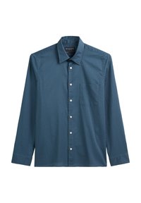 Blauwe gestreepte lange mouwen shirt van lichte stof, met een standaard kraag, een knopenrij aan de voorkant en een enkele borstzak.