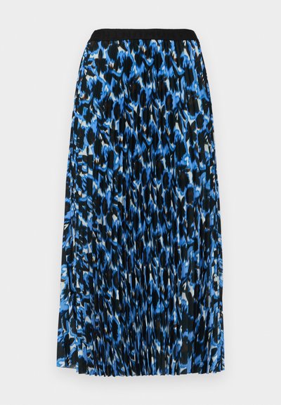 Bordēta midi svārku ar ziedu rakstu zilā, melnā un baltā krāsā. Iezīme melna elastīga josta ērtībai.