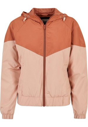 Hættejakke med farveblok design i rust og lys pink, med elastiske manchetter, en frontlynlås og et tekstureret foer.