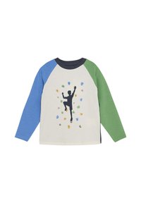 Langarmshirt mit cremefarbenem Körper, blauen und grünen Ärmeln, ausgestattet mit einem schwarzen Kletterer-Graphic und bunten Klettergriffen.