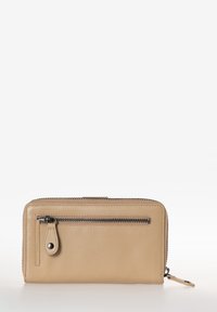 Beige leather wallet with a zippered front pocket, smooth texture, rectangular shape, and contrasting black zipper and hardware accents.
