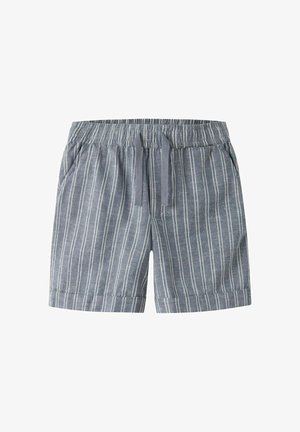 Pantaloni corti grigi a righe realizzati in un tessuto leggero, dotati di una fascia elastica in vita, cordino di regolazione e due tasche laterali.