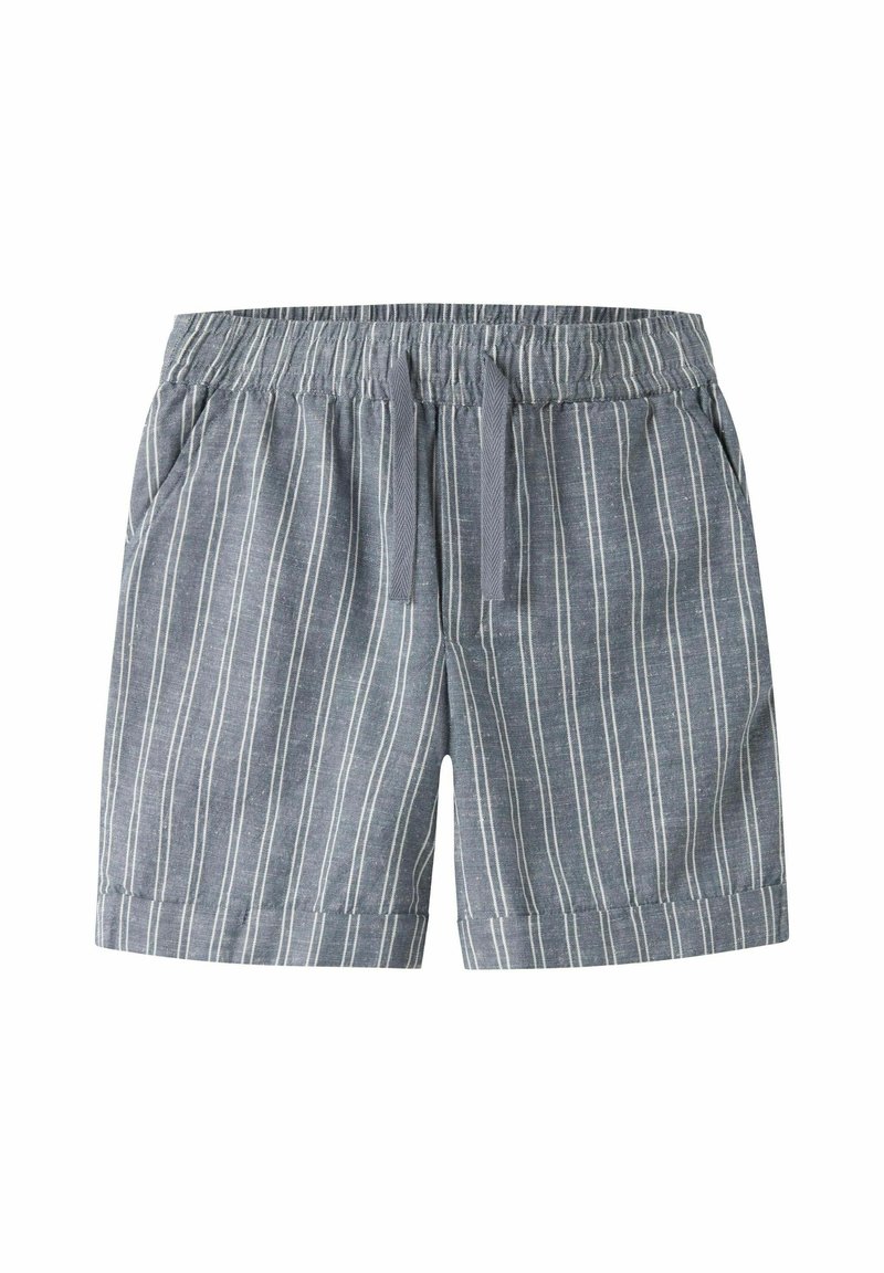 Shorts rayés gris en tissu léger, avec une taille élastique, un cordon de serrage et deux poches latérales.