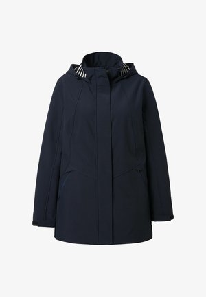 Granatowa damska kurtka z kapturem, zapinana z przodu na zamek i zatrzaski, z zamykanymi kieszeniami po bokach oraz paskowanym podszyciem kaptura.