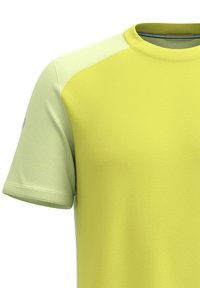 Kortærmet atletisk skjorte i lys gul stof, med et struktureret stribet design på skuldrene og en klassisk rund hals.