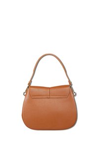 Brown leather handbag with a rounded shape, textured surface, and a short handle. Features a folding flap closure and gold-tone hardware.