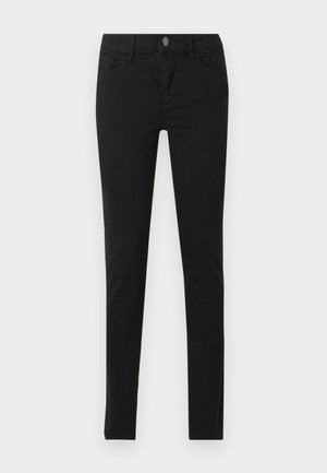 Jean noir slim avec poches avant, passants pour ceinture et fermeture par bouton, présenté à plat sur un fond clair.