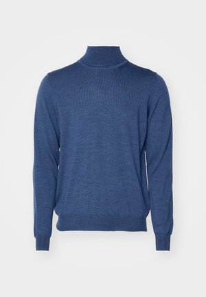 Blaues Rollkragensweatshirt aus Strickstoff. Lange Ärmel, gerippte Bündchen und Saum. Leichte Textur mit glatter Oberfläche.