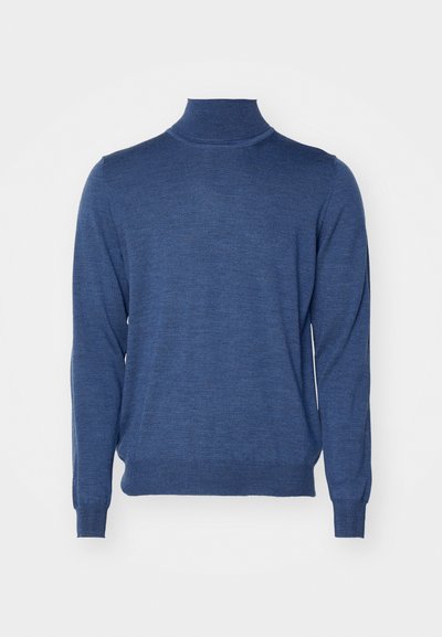 Blå genser med rullekrage laget av strikket stoff. Lange ermer, ribbestrikkede mansjetter og hem. Lett tekstur med en jevn overflate.