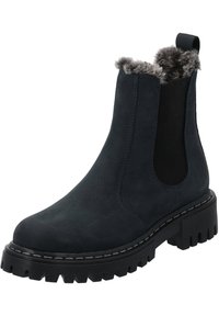 Mørk navy fløjl ankelstøvle med en kraftig sort gummisål, elastiske sidelapper og grå pelsforing ved åbningen.